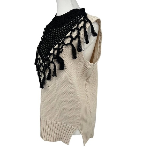 Yigal Azrouel Sweater Sleeveless Crochet Fringe Tassel Neck Cream Black Large - Picture 2 of 6